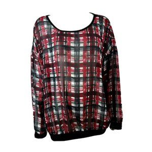 Torrid Top Womens Plus Size 1 Red‎ Black Plaid Sheer Long Sleeve Pullover